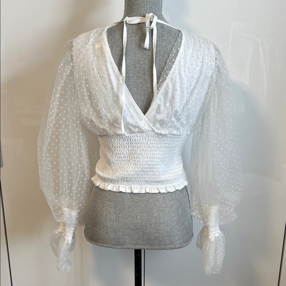 NWOT Elegant White Sheer Chiffon Deep V Puff Sleeve Top, Size M - Picture 6 of 11